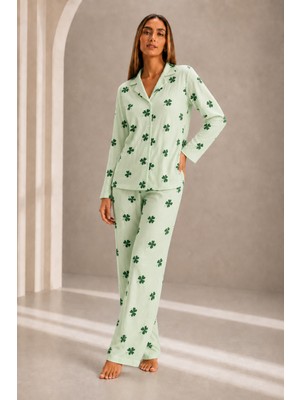 Fit Women Kadın Önden Düğmeli Uzun Kollu Alt Üst Yeşil Pijama Takımı