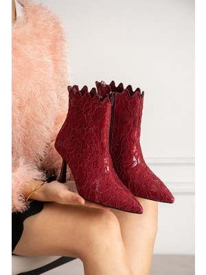 Dabab Shoes Mona Kadın Bordo Dantel Işlemeli Sivri Burun Sıcak Astarlı Fermuarlı 7 cm Ince Topuklu Bot Bootie