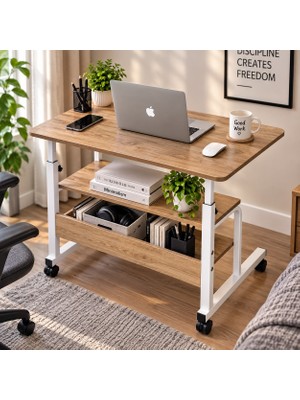 Homedora Yükseklik Ayarlanabilir Tekerlekli Çalışma Masası 70X40 cm Raflı Laptop ve Bilgisayar Masası Ahşap