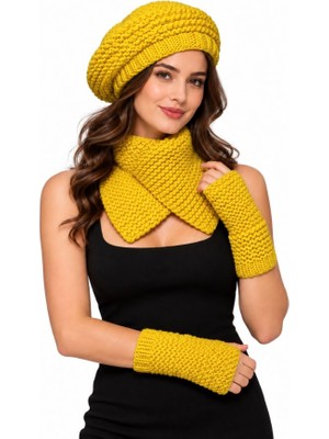 Uretti - Emine 9106 1737 Kadın El Örgüsü Bere Boyunluk Eldiven Takımı 3'lü Kışlık Akrilik Set