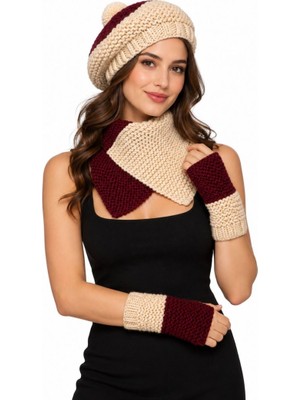 Uretti - Emine 9106 1737 Kadın El Örgüsü Bere Boyunluk Eldiven Takımı 3'lü Kışlık Akrilik Set