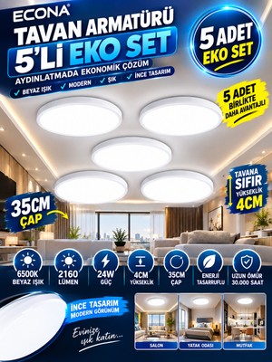 Kartek 5 Adet --35 cm Modern Tavana Sıfır Panel LED Avize 24WATT 6500K Buz Beyazı Işık Uzun Ömürlü,ince Tasarım 24W LED Armatür / Buz Beyazı (6500K) Tasarruflu Tavan Paneli Tavan Armatürü