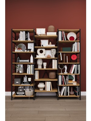 Asra Trend Modern 18 Raflı Metal Kitaplık Üçlü Ayrılabilir Modül Dekoratif Çok Amaçlı Kitaplık METALK03