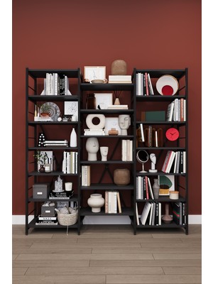 Asra Trend Modern 18 Raflı Metal Kitaplık Üçlü Ayrılabilir Modül Dekoratif Çok Amaçlı Kitaplık METALK03