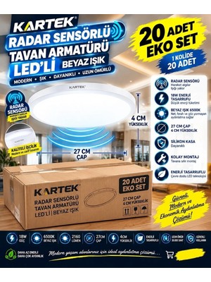 Kartek 20 Adet 18W Radar Sensörlü Sıva Üstü Tavan ARMATÜRÜ,18W Kendinden Ledli Modern Ince Tasarım ,akıllı Aydınlatma,aydınlatma Glop Armatürü LED Avize Aplik Balkon Banyo Koridor Lambası LED (Beyaz)
