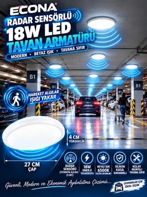 Kartek 5 Adet Radar Sensörlü Modern Sıva Üstü Tavan Armatürü 18W Ledli - Yüksek LÜMEN,27CM Akıllı Aydınlatma,aydınlatma Glop Armatürü LED Avize Aplik Balkon Banyo Koridor Lambası LED (Beyaz)