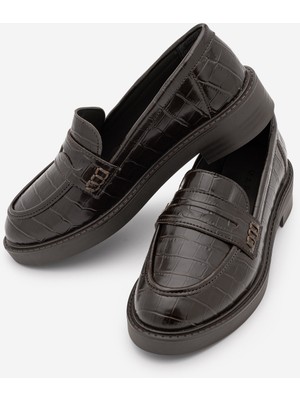 Marjin Kadın Loafer Günlük Klasik Ayakkabı Casual Makosen Fonle Kahve Croco