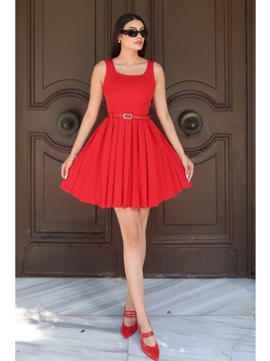 Kechi Woman Double Kumaş Pileli Mini Elbise — Kırmızı