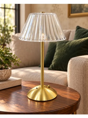 Şeffaf Başlıklı Gold LED Masa Lambası – 3 Işık Modlu Dekoratif Abajur