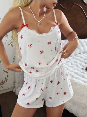 Hace Bazaar Kadın Ekru Ince Askılı Şortlu Pijama Takımı 5244 -Hcb