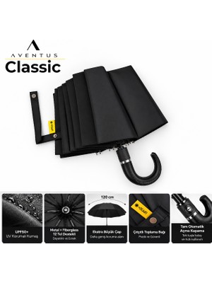 Aventus Classic – Otomatik Açılır Kapanır Baston Şemsiye | UPF50+ Siyah