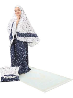 Elanesa Kız Çocuk Namaz Elbisesi 4 Parçalı Seccadeli ve Çantalı Larcivert Rengi Yıldız Baskılı Kemer Desenli