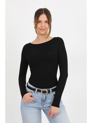 Hdm Kadın Siyah Kayık Yaka Yumuşak Örme Uzun Kollu Bluz - H6179