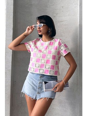 Very Moda Kısa Kollu Dama Desen Tiğişi Bluz | D2619