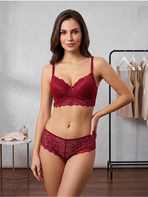 Orovita Kadın Mürdüm Dantelli Destekli Bralet Sütyen Boxer Külot Takımı - Şık & Rahat 2'li Iç Giyim Seti