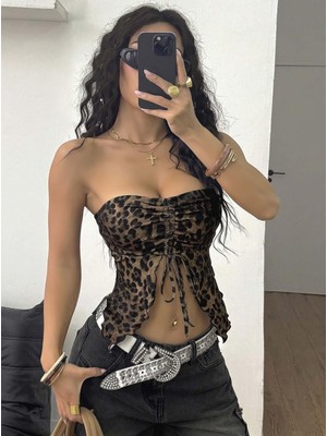 Kadın Leopar Desenli Crop Önden Büzgü Detaylı 5096 — Beden: L/xl, Renk: Sarı