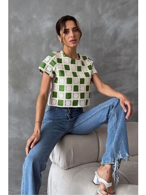 Very Moda Kısa Kollu Dama Desen Tiğişi Bluz | D2619