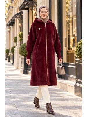 Harma Time Butik Kadın Fermuarlı Kapüşonlu Angora Bordo Kürk Kaban