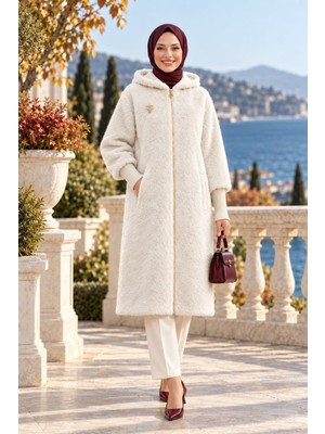Harma Time Butik Kadın Fermuarlı Kapüşonlu Angora Beyaz Kürk Kaban