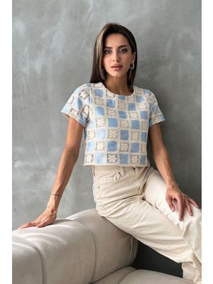 Very Moda Kısa Kollu Dama Desen Tiğişi Bluz | D2619