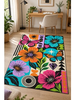 Rugs Modern Halı Dora Vintage Geometrik Çiçek Desenli Çok Renkli Ince Dokuma Taban Salon Halısı OZL191