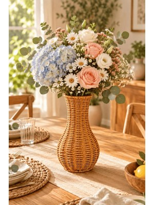 Atbyhome Doğal Hasır Rattan Çiçek Vazosu 25.5 cm - Masa Üstü Dekoratif El Örgüsü Kuru Çiçeklik ve Saksı