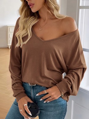 Veraura Lifestyle Kadın Uzun Kollu V Yarasa Kollu Sırttan Bağcıklı Viskon Bluz