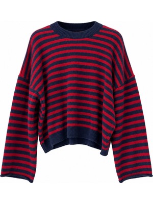 Retrobird Livia Oversize Çizgili Triko Kazak Kadın Kırmızı - Lacivert