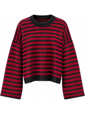 Retrobird Livia Oversize Siyah Çizgili Triko Kazak Kadın Kırmızı