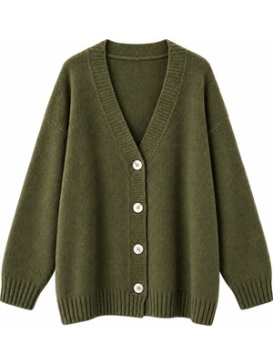 Retrobird Doris Oversize V Yaka Düğmeli Triko Hırka Kadın Haki