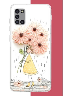 Aksesuarist Samsung Galaxy A31 Uyumlu Yağmur Altında Çiçekler Baskılı Silikon Kılıf