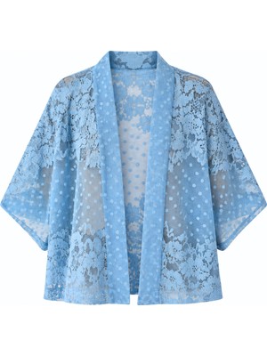 Retrobird Tasarım Transparan Dantel Boho Mini Kimono Kadın Marin Mavi