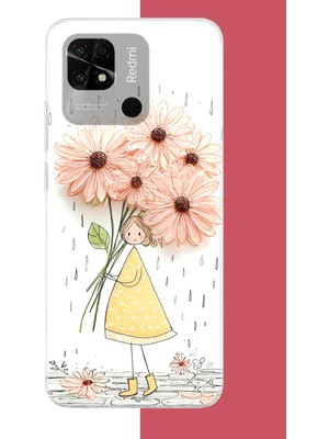 Aksesuarist Redmi 10C - Poco C40 Uyumlu Yağmur Altında Çiçekler Baskılı Silikon Kılıf