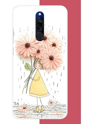 Aksesuarist Redmi 8 Uyumlu Yağmur Altında Çiçekler Baskılı Silikon Kılıf