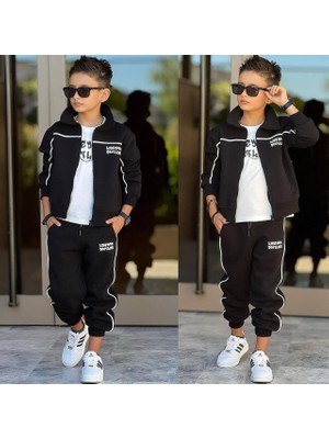 Ay Kids Erkek Çocuk 3 Parça Şardonlu 3 İplik Eşofman Takımı – Fermuarlı Ceket, Tişört ve Jogger Pantolon 43182-S
