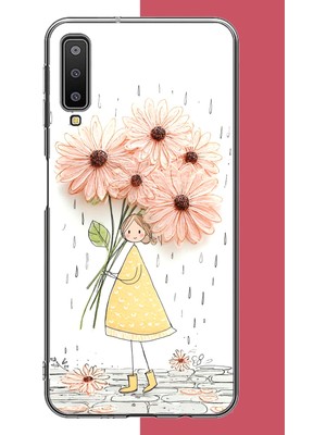 Aksesuarist Samsung Galaxy A7 2018 Uyumlu Yağmur Altında Çiçekler Baskılı Silikon Kılıf