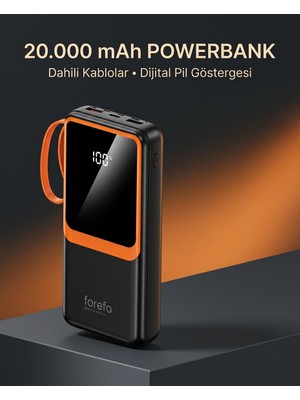 Toyigoo Telefon ve Mobil Cihaz Uyumlu 20000 Mah Powerbank Dahili Kablolu Dijital Göstergeli - Lisinya