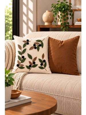 Modamina Punch Nakışlı 2'li Kırlent Kılıfı Seti | Fermuarlı 42X42 cm | Modern Koltuk Kırlenti | Zeytin Desenli, Dekoratif