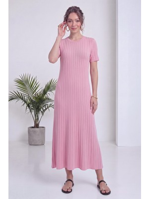 The ZKS Kadın Bisiklet Yaka Kısa Kollu Fit Fitilli Triko Elbise Bebe Mavi, Haki, Kahverengi, Pembe