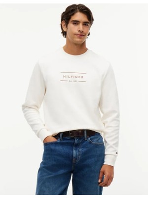 Tommy Hilfiger Erkek Regular Fit Organik Pamuklu Logo Baskılı Bisiklet Yaka Uzun Kollu Ekru Sweatshirt MW0MW44939-Z00
