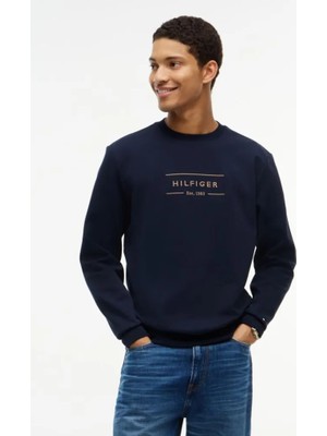 Tommy Hilfiger Erkek Regular Fit Organik Pamuklu Logo Baskılı Bisiklet Yaka Uzun Kollu Lacivert Sweatshirt MW0MW44939-DW5