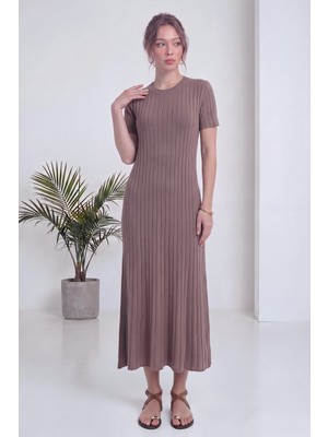The ZKS Kadın Bisiklet Yaka Kısa Kollu Fit Fitilli Triko Elbise Bebe Mavi, Haki, Kahverengi, Pembe