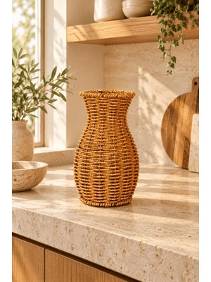 Atbyhome Doğal Hasır Rattan Çiçek Vazosu 26 cm - Masa Üstü Dekoratif El Örgüsü Kuru Çiçeklik ve Saksı