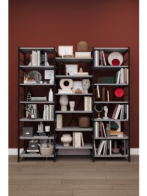 Asra Trend Modern 18 Raflı Metal Kitaplık Üçlü Ayrılabilir Modül Dekoratif Çok Amaçlı Kitaplık METALK03
