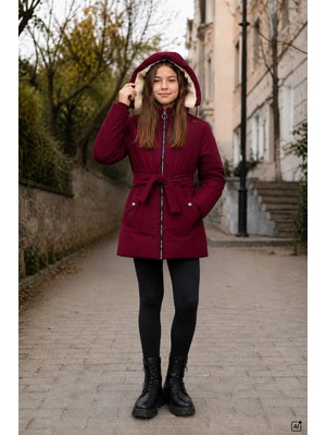 Cansın Mini Bordo Kız Çocuk Beli Kuşaklı Çıkarılabilir Kapüşonlu Içi Kürklü Şişme Mont  24882