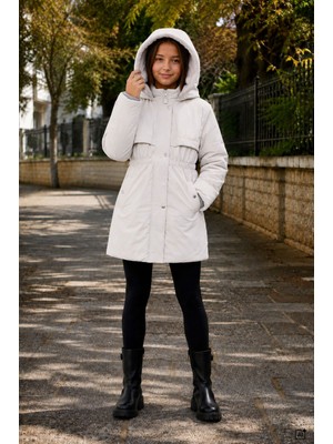 Cansın Mini Gri Kız Çocuk Içi Peluş Kürklü Kapüşonlu Beli Lastikli Uzun Kesim Şişme Mont 24885