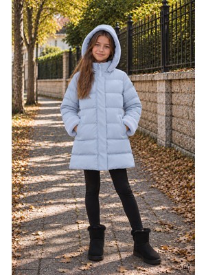 Cansın Mini Mavi Kız Çocuk Kolu Kürk Detaylı Çıkarılabilir Kapüşonlu Içi Astarlı Şişme Mont  24874