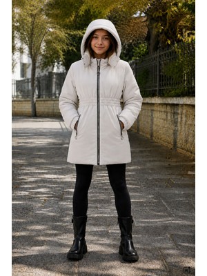 Cansın Mini Gri Kız Çocuk Beli Büzgülü Içi Peluş Kürklü Çıkarılabilir Kapüşonlu Şişme Mont  24891