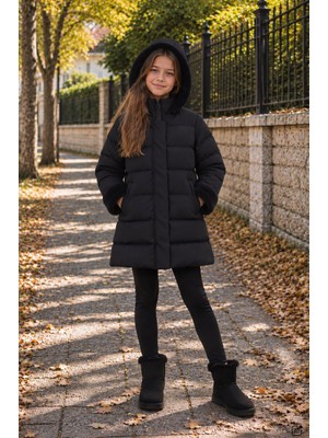 Cansın Mini Siyah Kız Çocuk Kolu Kürk Detaylı Çıkarılabilir Kapüşonlu Içi Astarlı Şişme Mont  24872