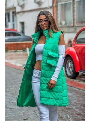 Ayessa Yeşil Dik Yaka Cep Detaylı Uzun Şişme Yelek